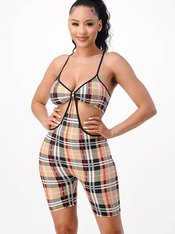 Plaid Print Cross Back Band Bra Set with Pinch Hanging Short for wholesale by Lime All the Time