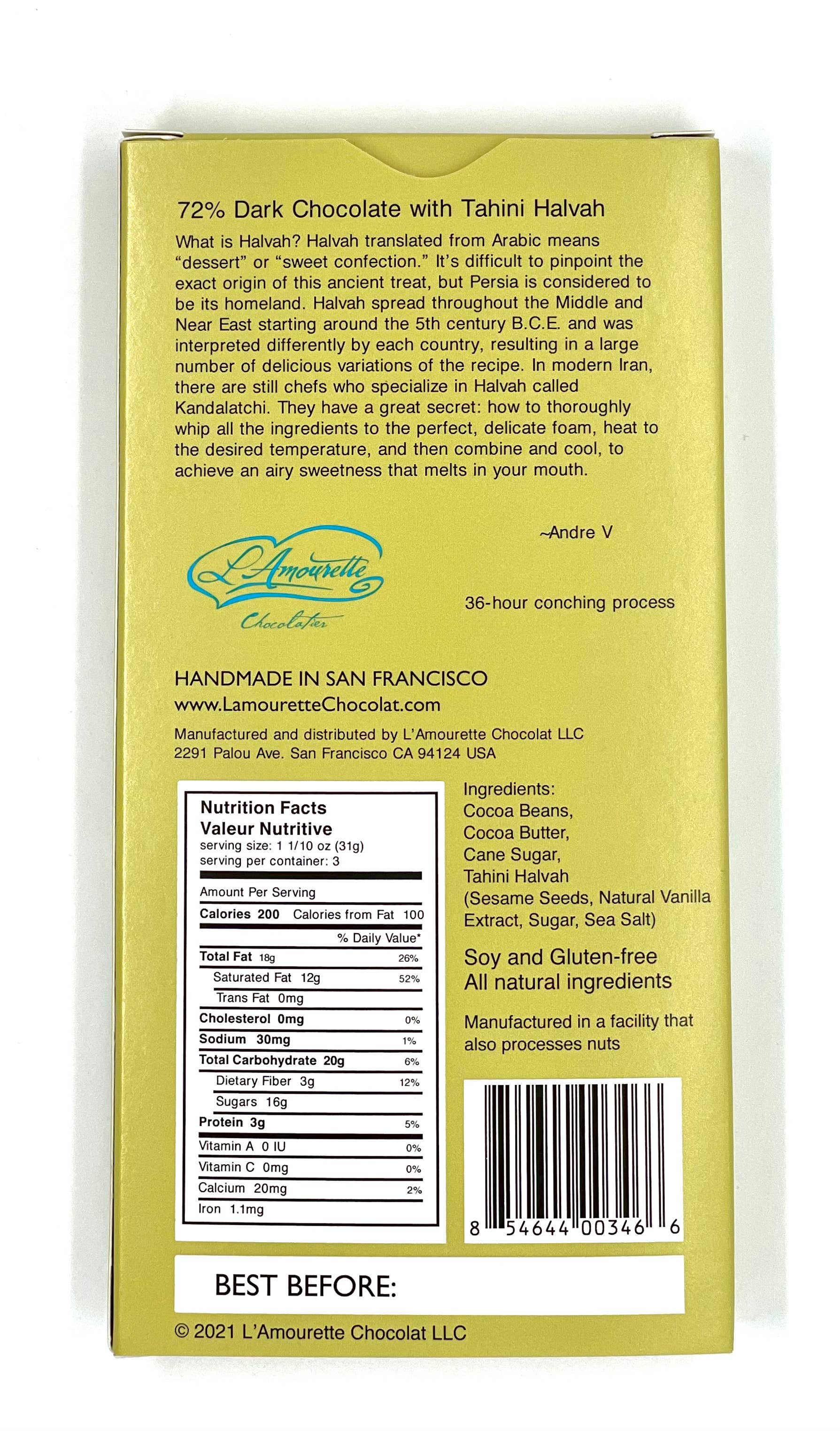 L'Amourette Chocolat - Wholesale Chocolate Bar - 72% Dark Chocolate with Tahini Halvah2