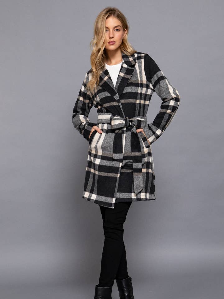 ....0917 Belted Plaid Woven Fall Jacket SI-25112 for wholesale by 42POPS