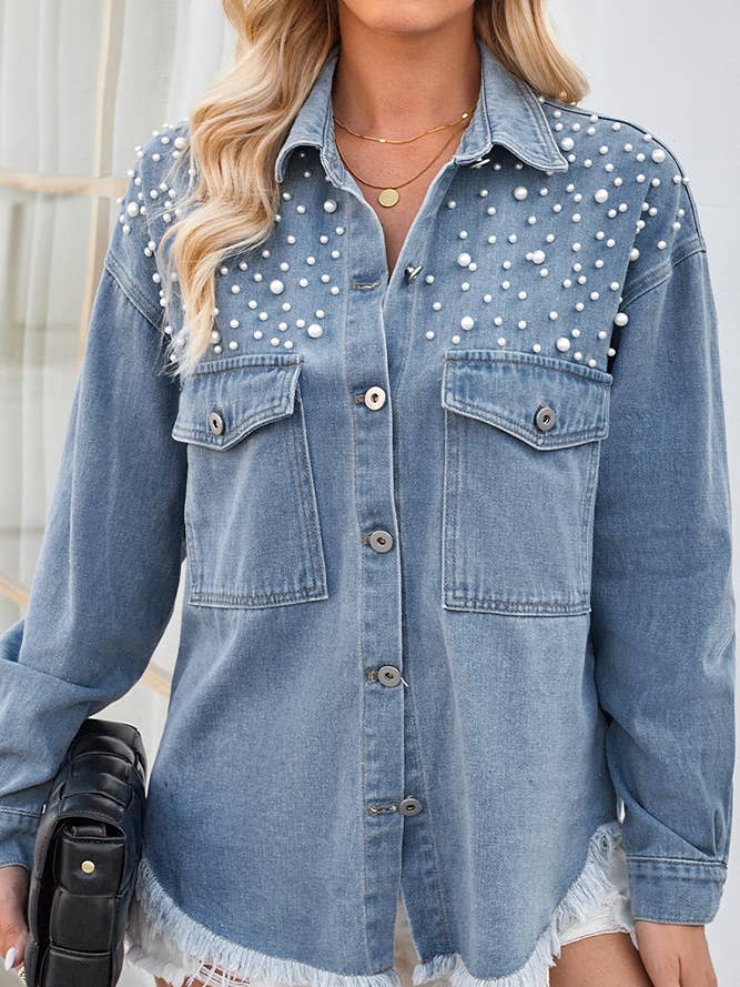 Blue Rhinestone Tassel Button Up Denim Jacket MN49 for wholesale on Faire1