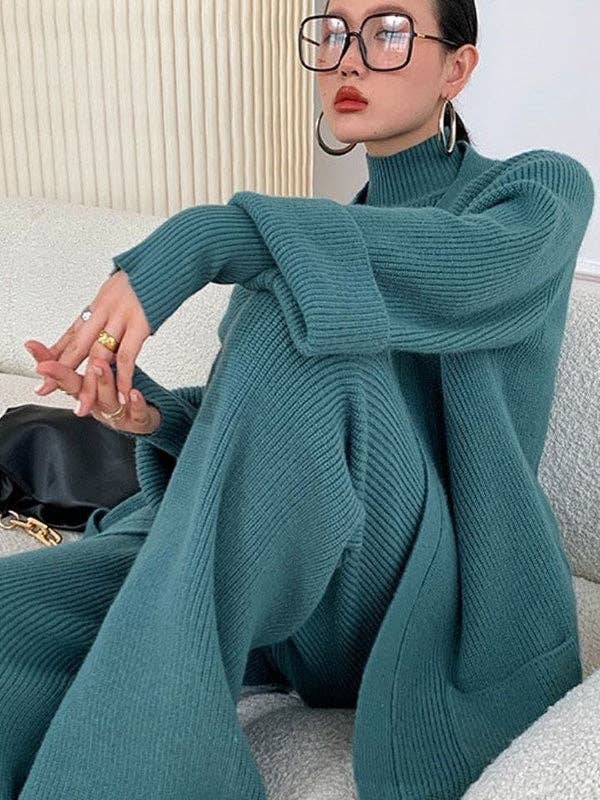 Plush Looks – wholesale Top & pants set (NOT Loungewear) – Women's – Stylish Solid 3 Piece High-Neck Sweater & Wide Leg Pants& Cardigan Tops Set3