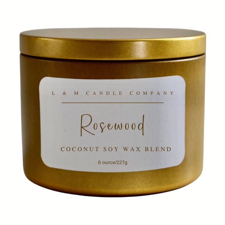 Rosewood 8 oz Gold Matte Tin for wholesale by L & M Candle Company