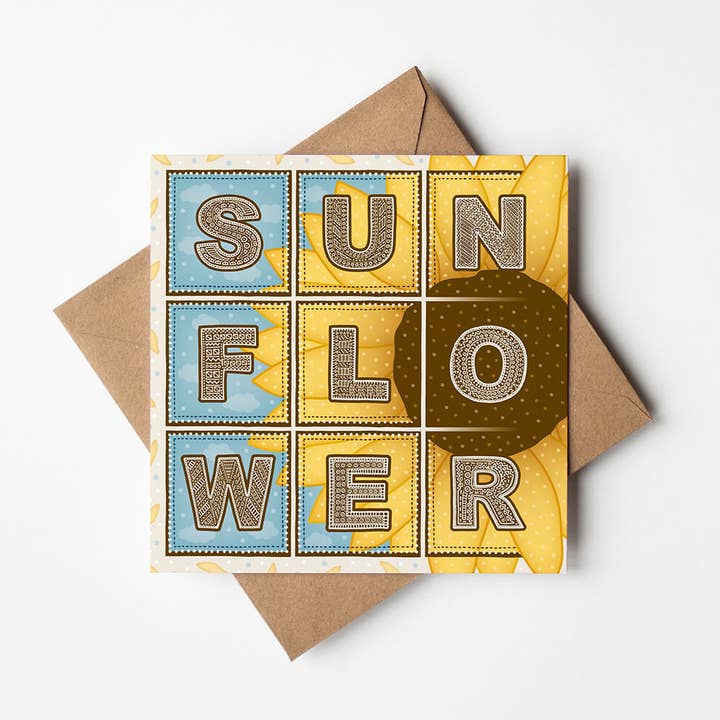 Unique Typographic Sunflower Greeting Card for wholesale by Jess A Little Creative