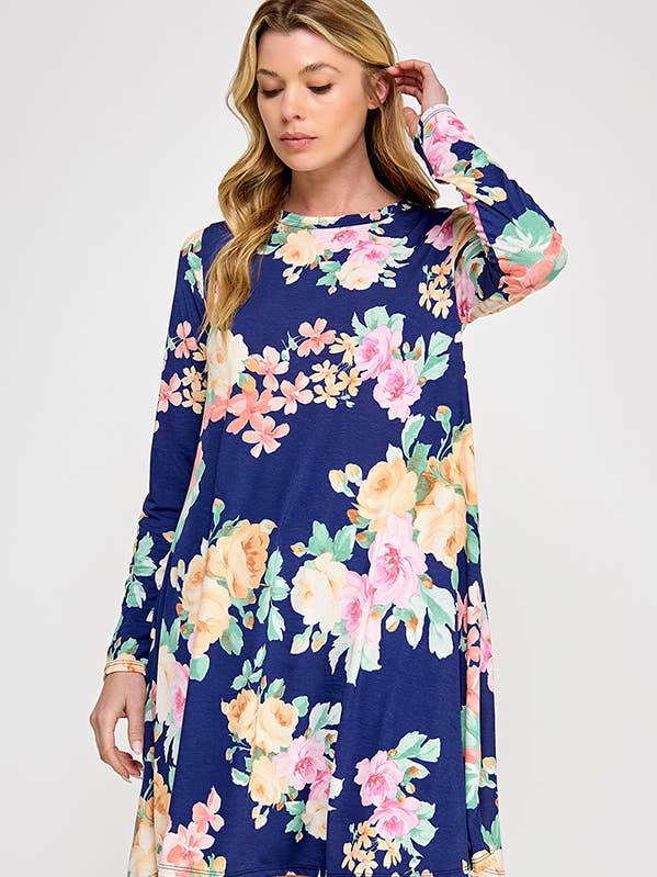 Abito svasato a maniche lunghe con scollo tondo con stampa floreale per la vendita all'ingrosso da parte di Melon Fashion