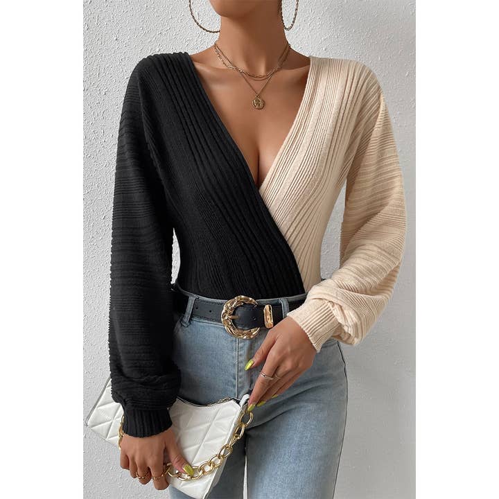 BLACK Off Shoulder Strip Knit Fit Wide Sleeve Bodysuit for wholesale on Faire