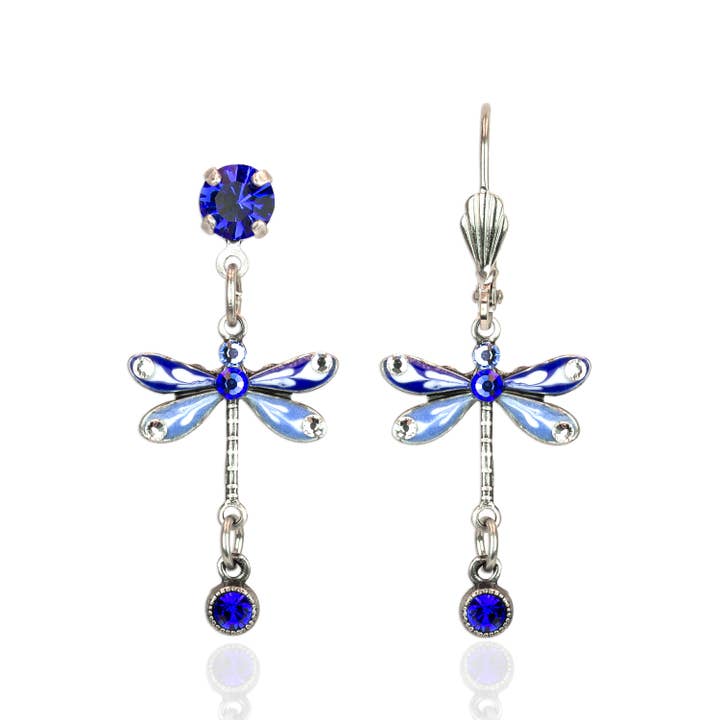 Blue and White Flowering Crystal Drop Dragonfly Earrings for wholesale by Anne Koplik Designs, Inc.