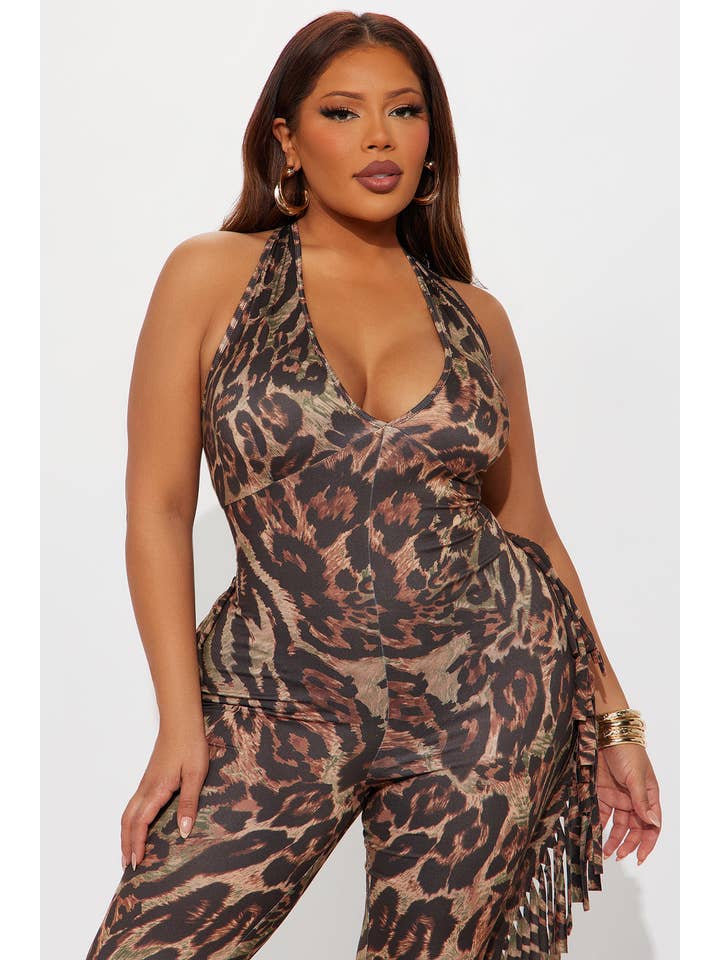 Olive Combo PLUS SIZE LEOPARD HALTER FRINGE JUMPSUIT for wholesale on Faire3