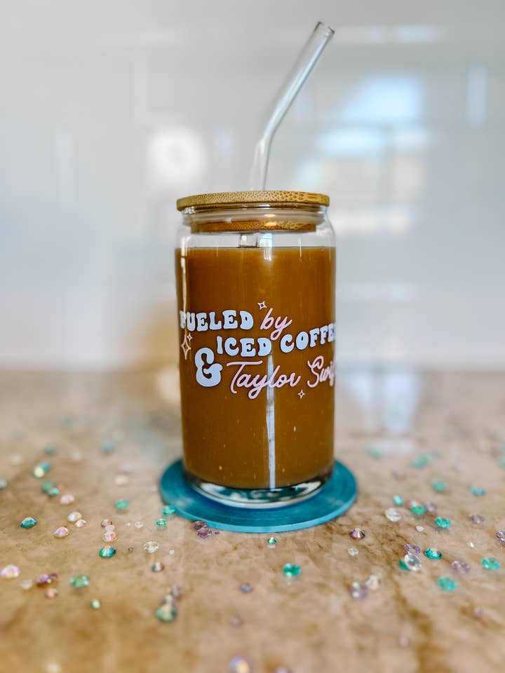 Fueled by Iced Coffee and Taylor Swift Glass W/ Lid & Straw for wholesale by Love Her Work