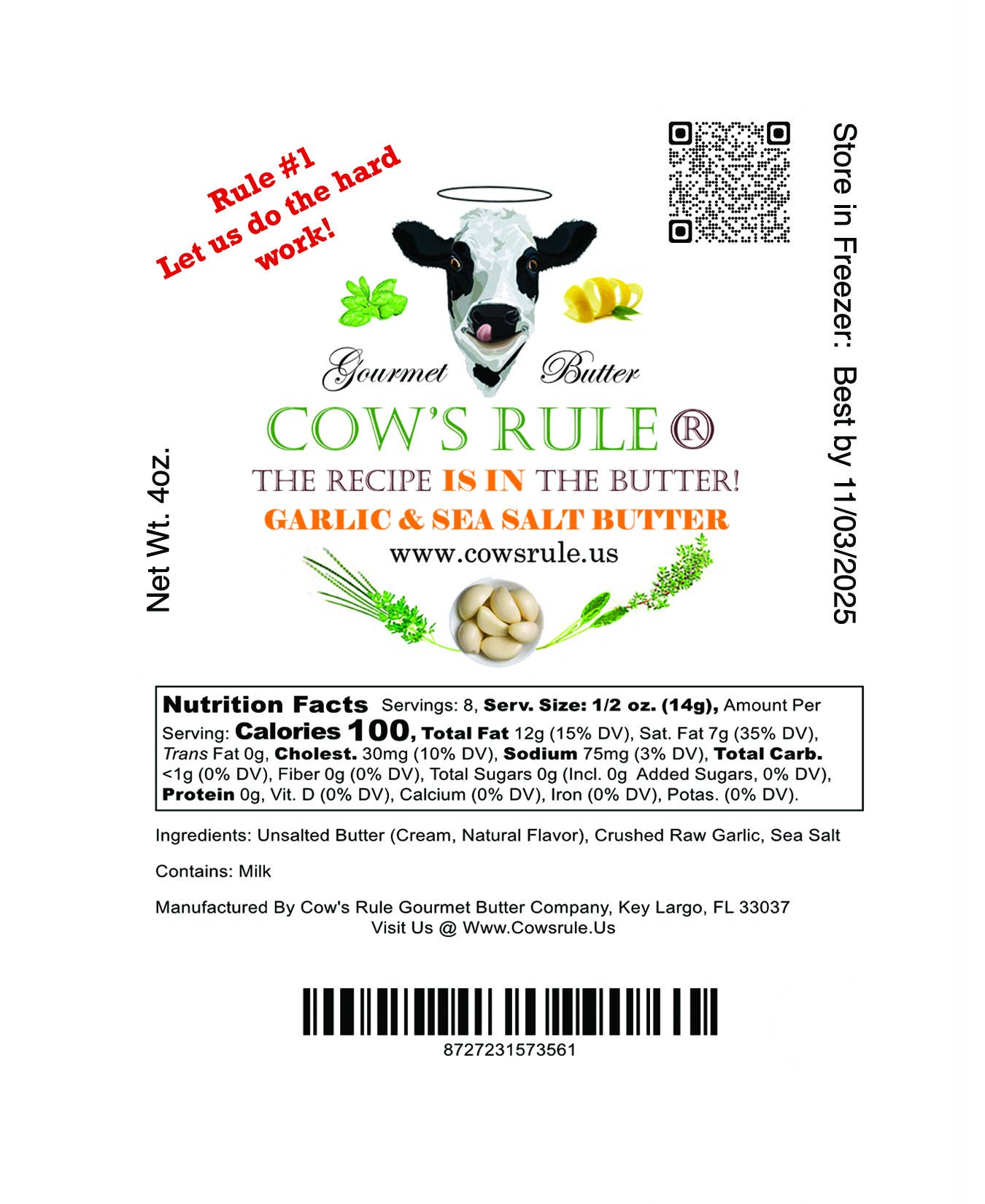 Cow's Rule Gourmet Butter Company - Vente Beurre - Beurre composé à l'ail et au sel de mer 113g.2