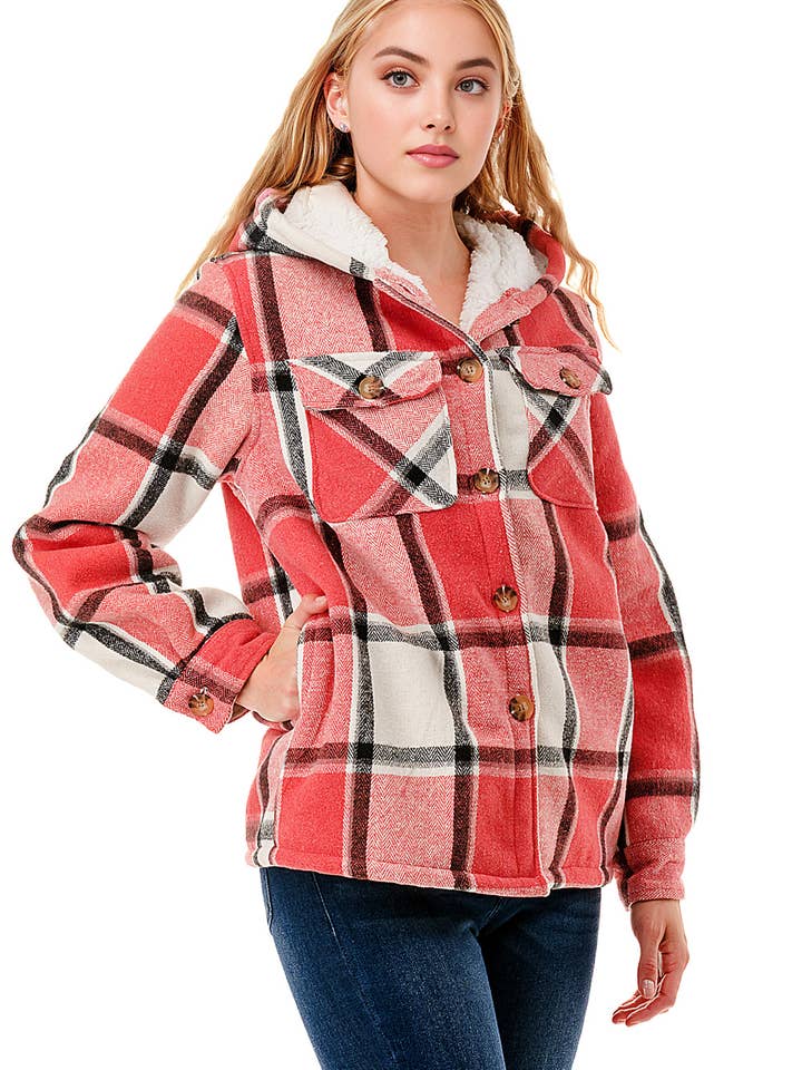 Fur lined winter pink white plaid flannel shacket w/ hoodie for wholesale by Color 5