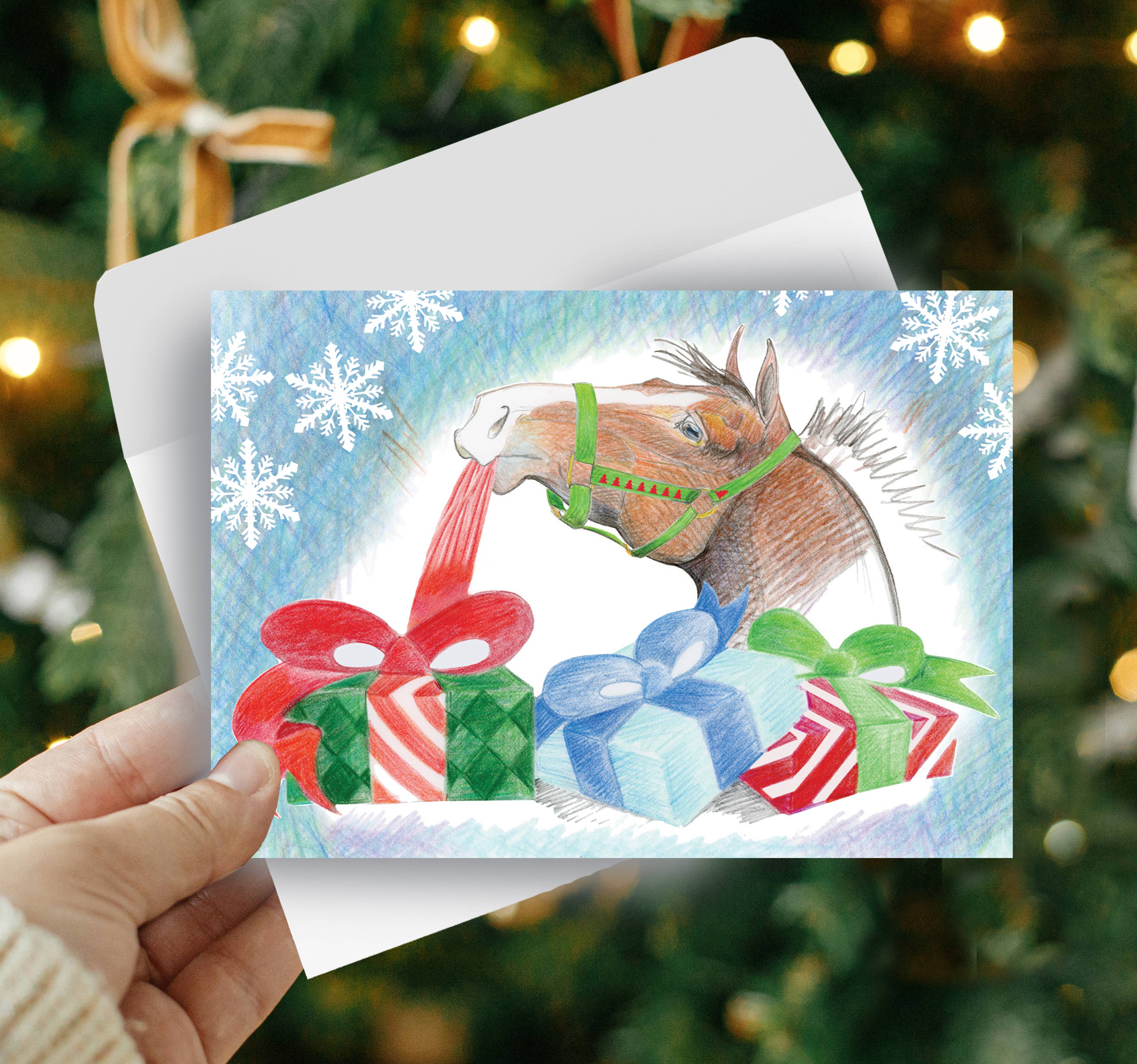 Horse Hollow Press / Pretty Funny Snarky Cards/Stickers - Wholesale Christmas Card - Horse Boxed Christmas Cards / Unwrapping Gifts / 8 Holiday 
1