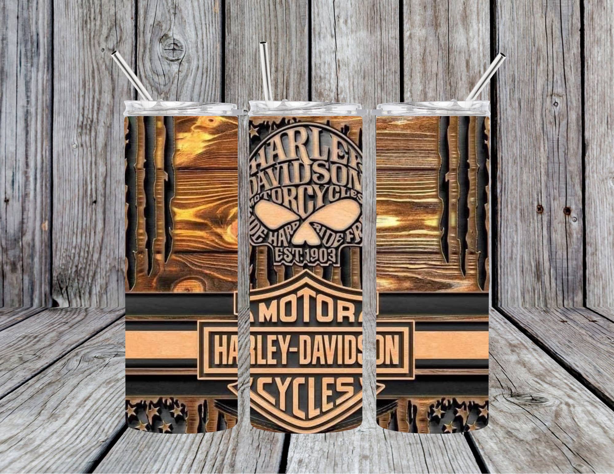 Harley Davidson, wood flag, skull 20oz Skinny Tumbler for wholesale by Dogwood Graphics & Design