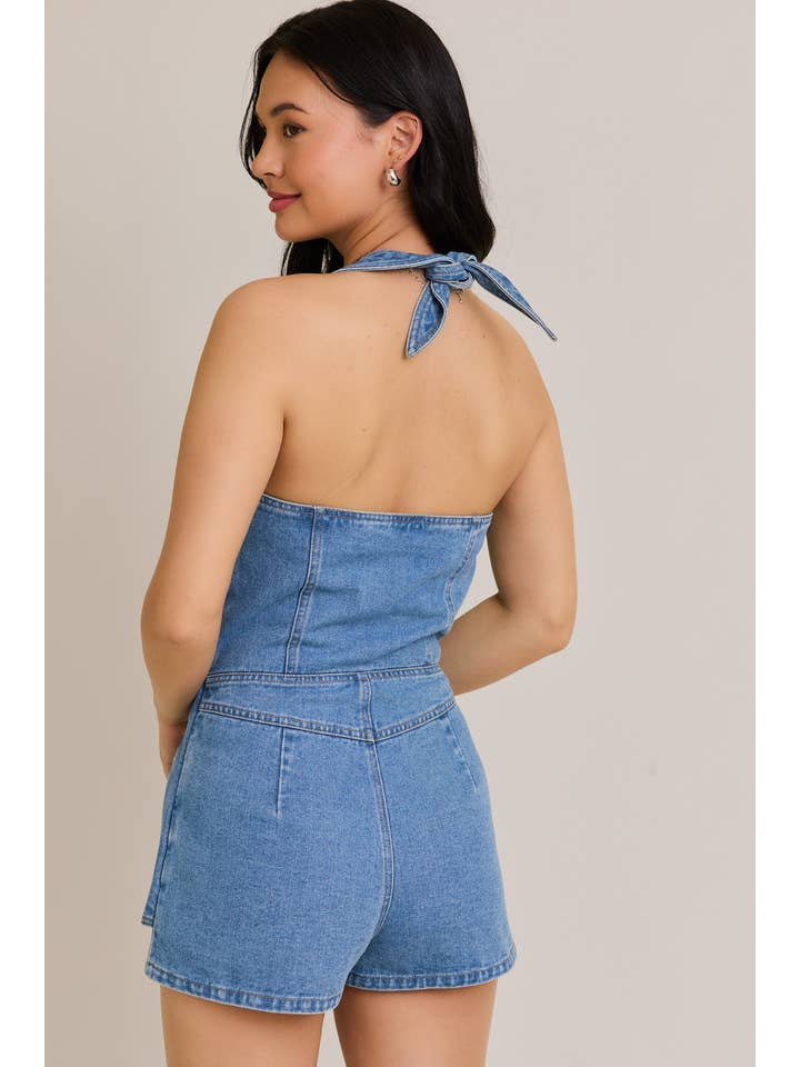 DENIM VEST-STYLE ROMPER WITH MICRO SHORTS for wholesale on Faire