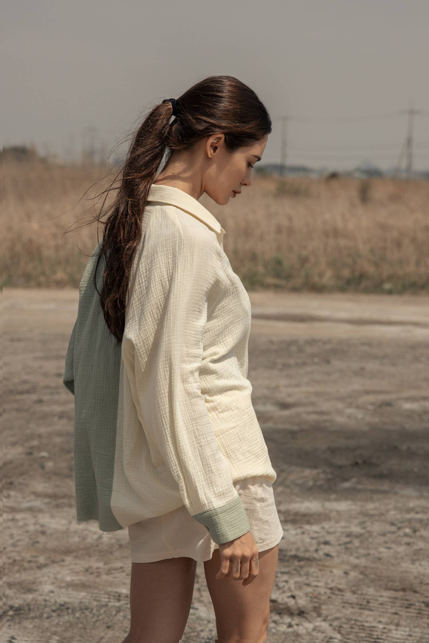 Mint Ivory Color Block Button Down Shirt with Lace Pocket for wholesale on Faire2