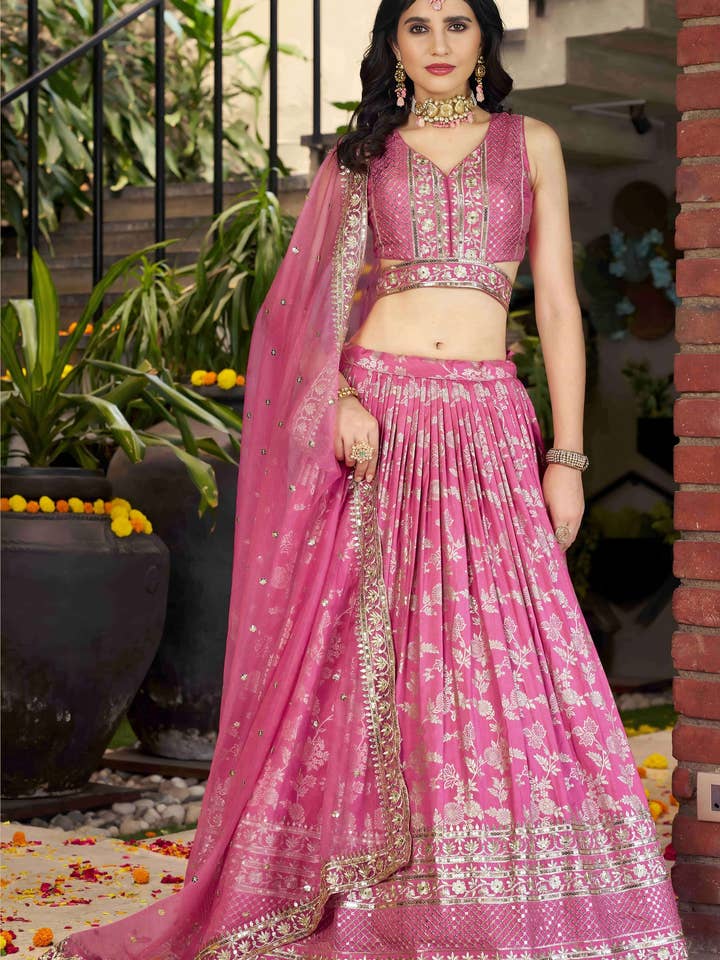 Pink Jacquard Silk Lehenga Choli For Indian & Pakistani Wedding Festival - Sequence Embroidery Work, Zari Work for wholesale by HATKE BRIDE