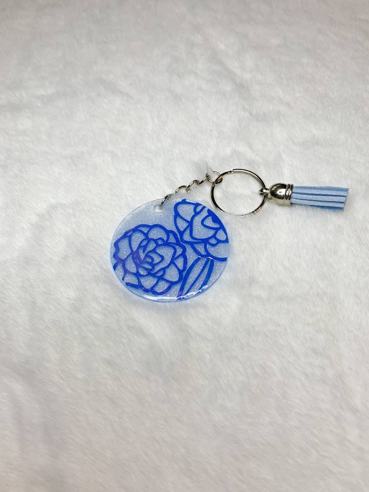 Acrylic Keychain - Blue Holographic Flowers for wholesale by Elation Collective