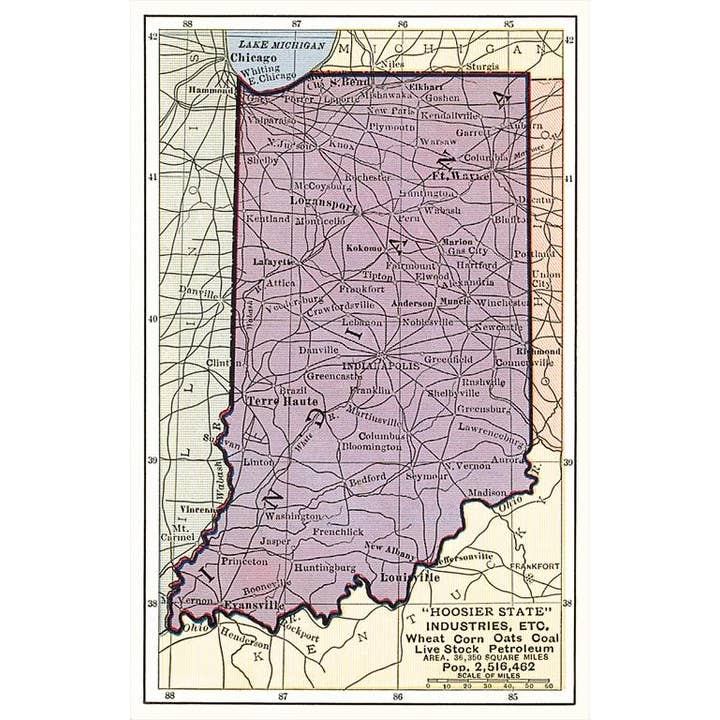Postcard IN-217 Map of Indiana for wholesale by Found Image Press