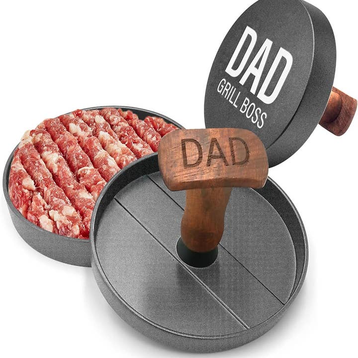 Infinite Basics - Wholesale Outdoor Grill Tools - Grilling Gift for Dad, Non-Stick Hamburger Press Patty Maker, Aluminum BBQ Burger Mold “Dad Grill Boss” for Fathers Day/Birthday Boxed