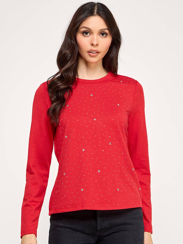 RØDE JUVELER STJERNER DETALJERET LANGÆRMET TOP AVT51199K for engroshandel hos Stylish Wholesale