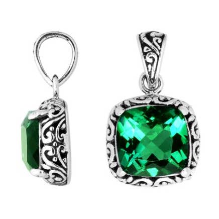 AP-6182-GQ 925 Sterling Silver Green Quartz Cushion Shape Filigree Pendant For Bulk Jewelry Orders for wholesale by Bali Designs