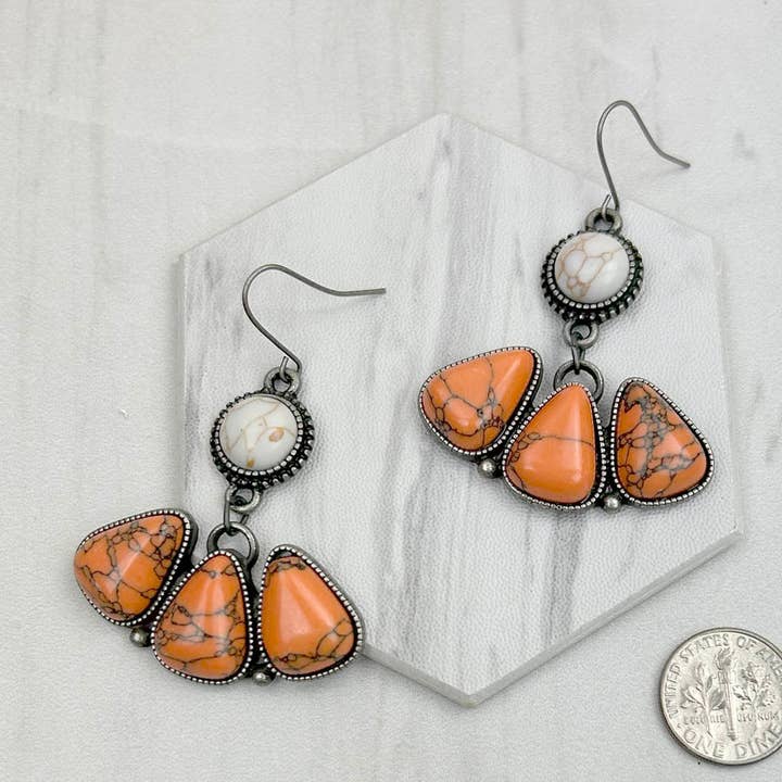 ERZ231205-31 Silver metal with white and orange turquoise stone Earrings for wholesale by Western Elite Jewelry