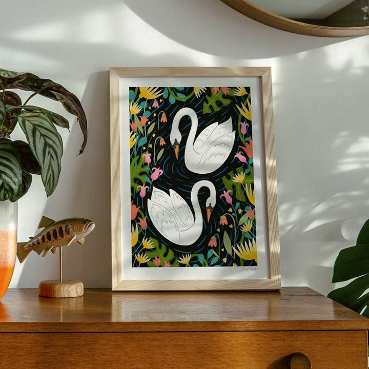 Swans Bird Art Print – Colourful Wildlife Wall Art for wholesale by Maz Leyden