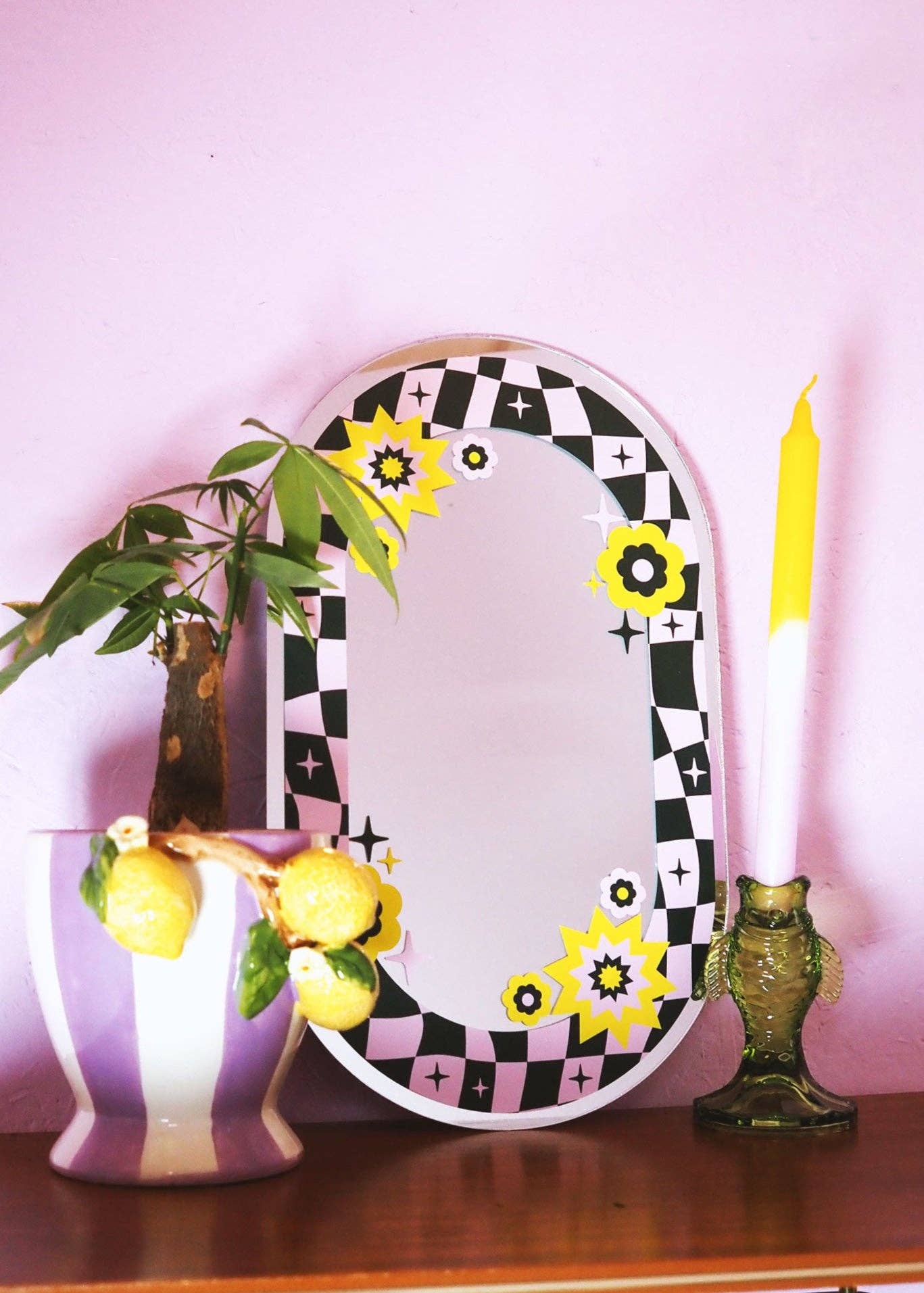Printed Weird – wholesale Wall mirror – Oval Floral Check Mirror - Teal & Pink