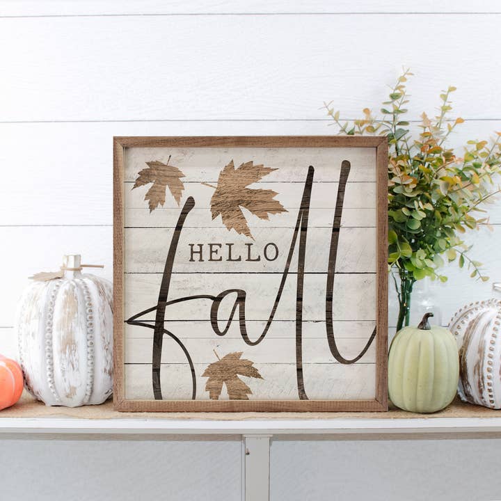 Kendrick Home - Wholesale Sign - Hello Fall Leaf Whitewash1