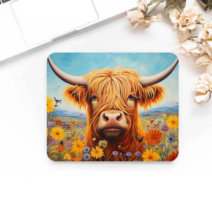 Tapis de souris antidérapant imprimé de qualité supérieure - Motif ultra durable en forme de vache des Highlands dans un champ de fleurs pour la vente par simply creative