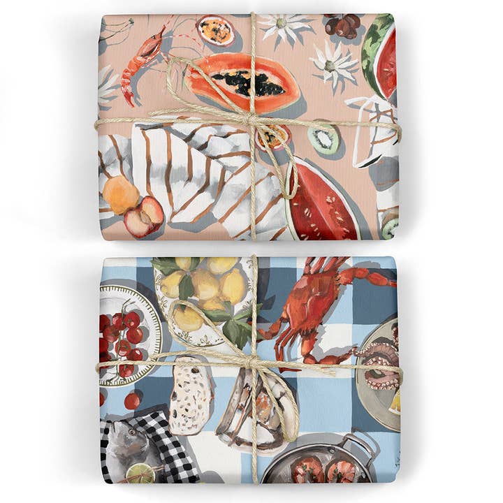 Bespoke Letterpress - Wholesale Flat Wrap - Summer Picnic / Crab & Squid 6pk Gift Wrap0