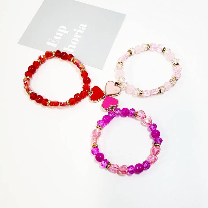 Assorted Color Heart Charm Beaded Stretch Bracelet for wholesale on Faire