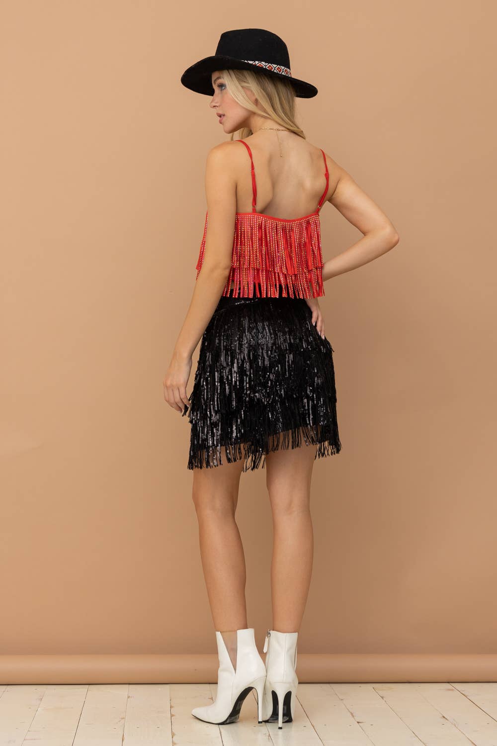 RED 32247T - Satin Base Studded Tiered Fringe Cami Top for wholesale on Faire6