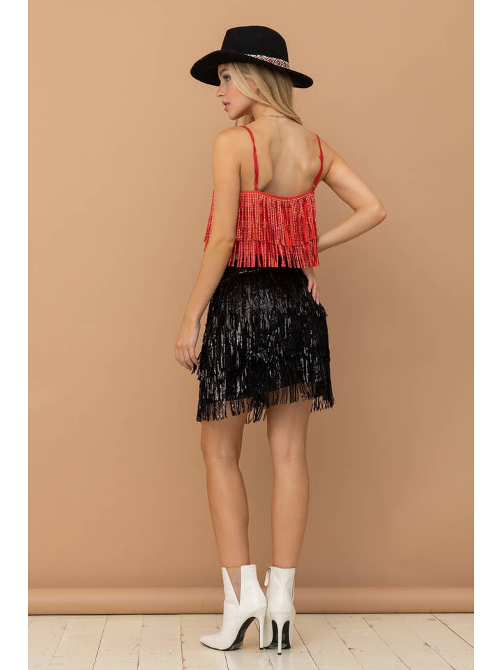 RED 32247T - Satin Base Studded Tiered Fringe Cami Top for wholesale on Faire6