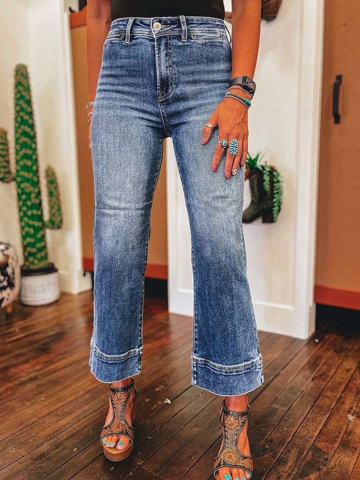 Blue Mineral Wash High Waist Bell Bottom Crop Jeans for wholesale on Faire