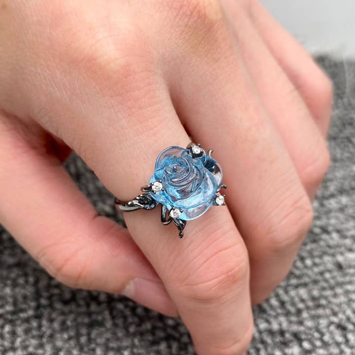 Blue Transparent Glass Rose Gun Black Adjustable Ring - GT for wholesale by Mio Queena
