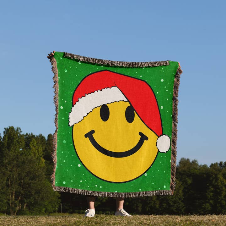 3dRose - Wholesale Throw Blanket - 3dRose, Christmas smiling face with red santa hat Happy smilie claus Green festive xmas merry jolly cartoon, Blanket1