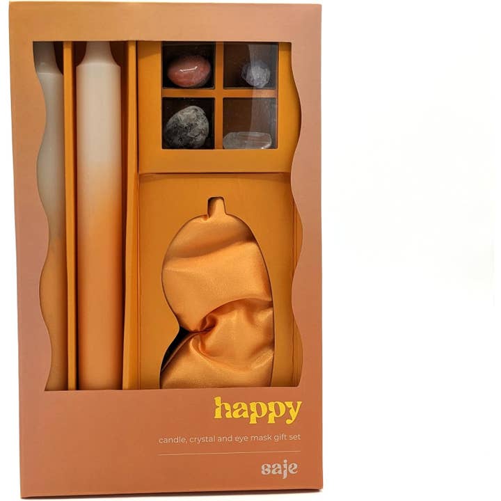 Robert Frederick Ltd - Wholesale Meditation Supplies - Saje Happy Candle, Crystal & Eye Mask Set - Includes Two Candles And Four Crystal Stones