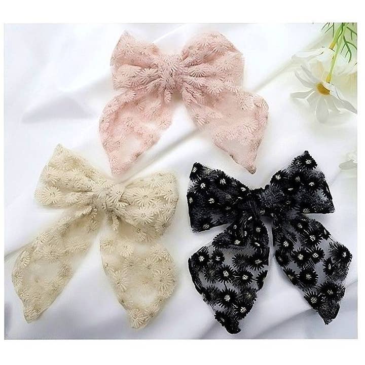 12pk Frill Lace Bow Ribbon Hair Jaw Claw Pin for wholesale by Diacly