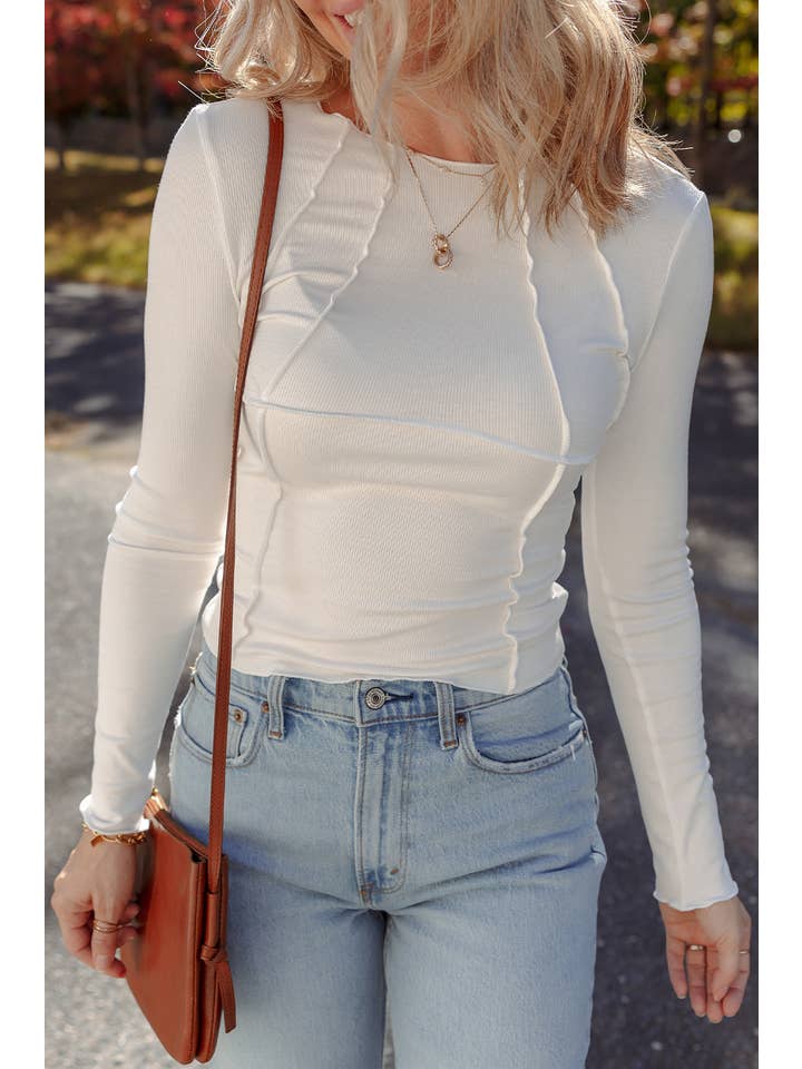 White Exposed Seam Ribbed Knit Slim Fit Long Sleeve Top for wholesale on Faire