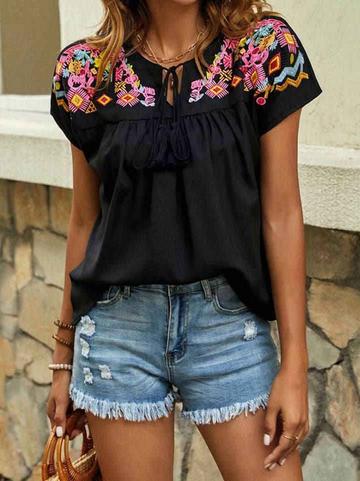 Secret Style Source - Wholesale Blouse - Women's - Embroidered Aztec Drawstring Top