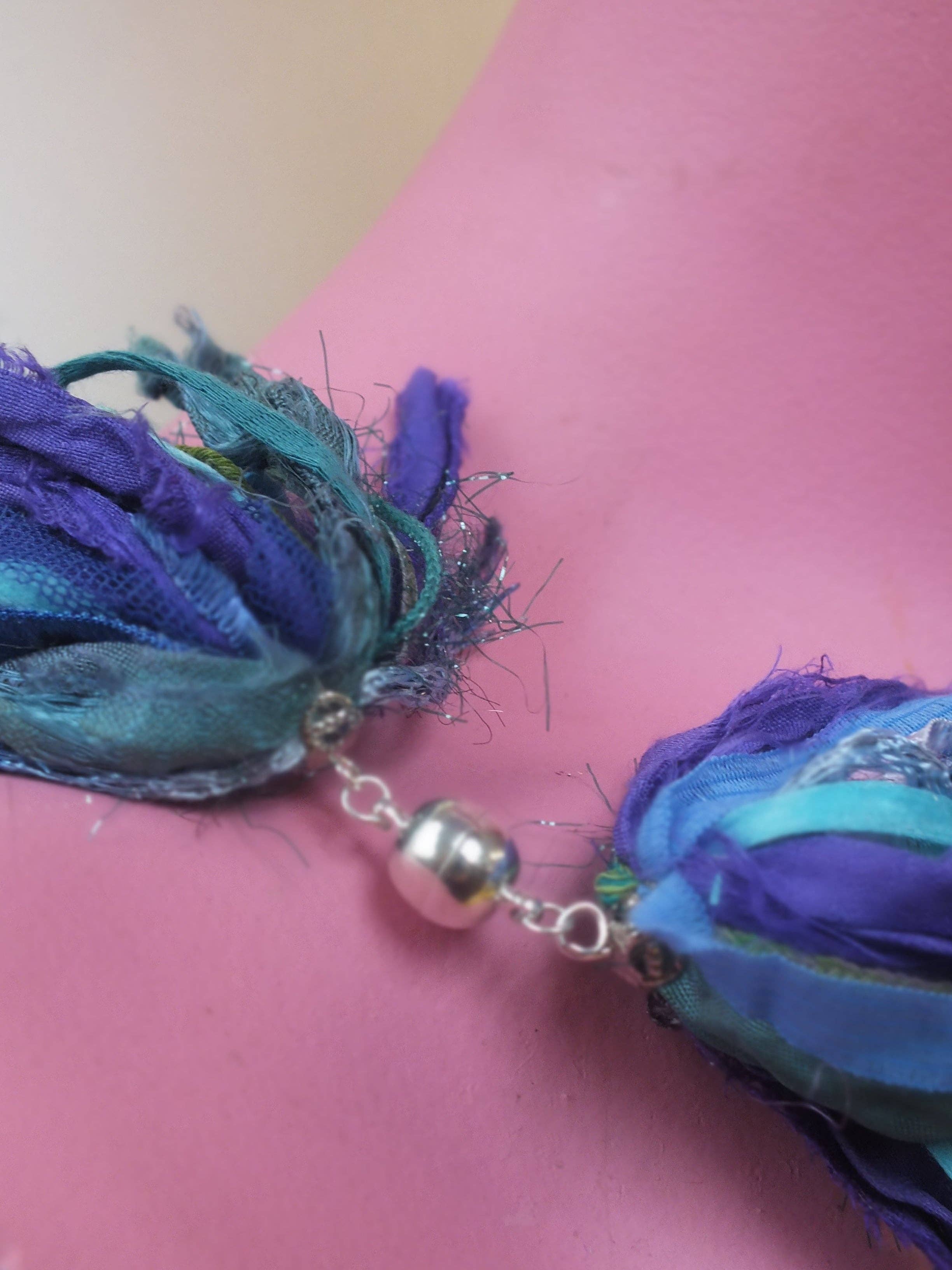 Megan Crook Textiles – wholesale Scarf – Women's – Silk Yarn Necklace in Turquoise & Purple3