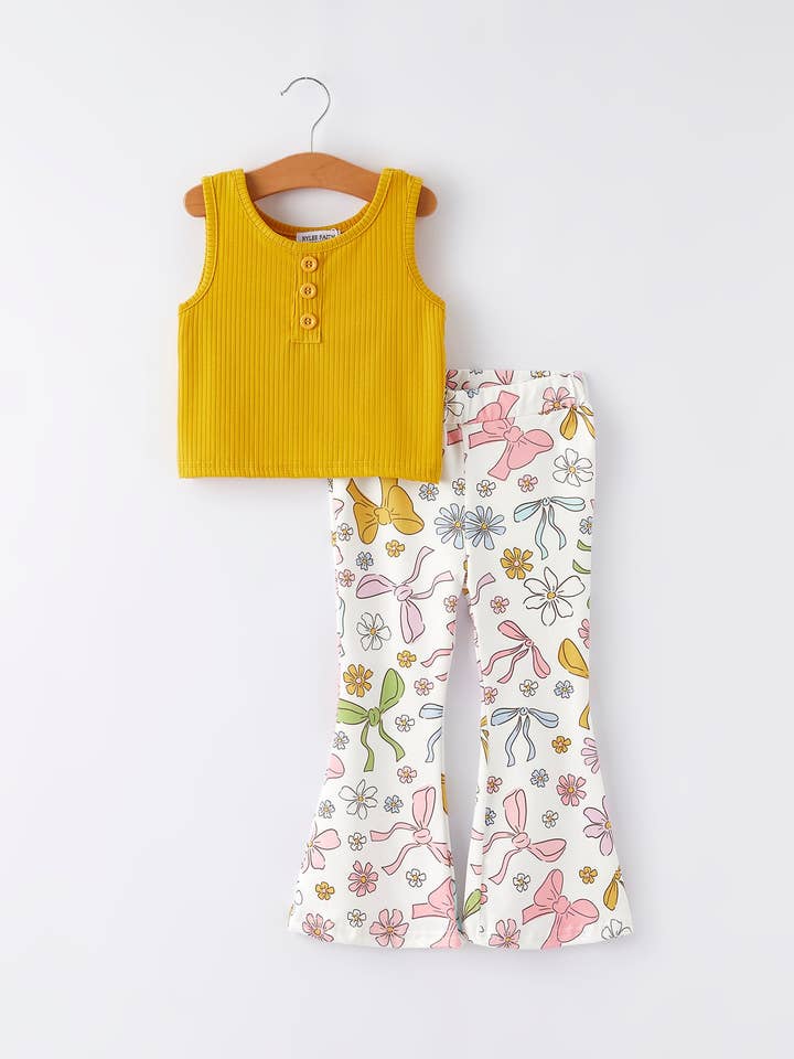 Yellow Girls Top Bow Floral Print Bell Bottom Pants Set for wholesale by Rylee Faith Designs