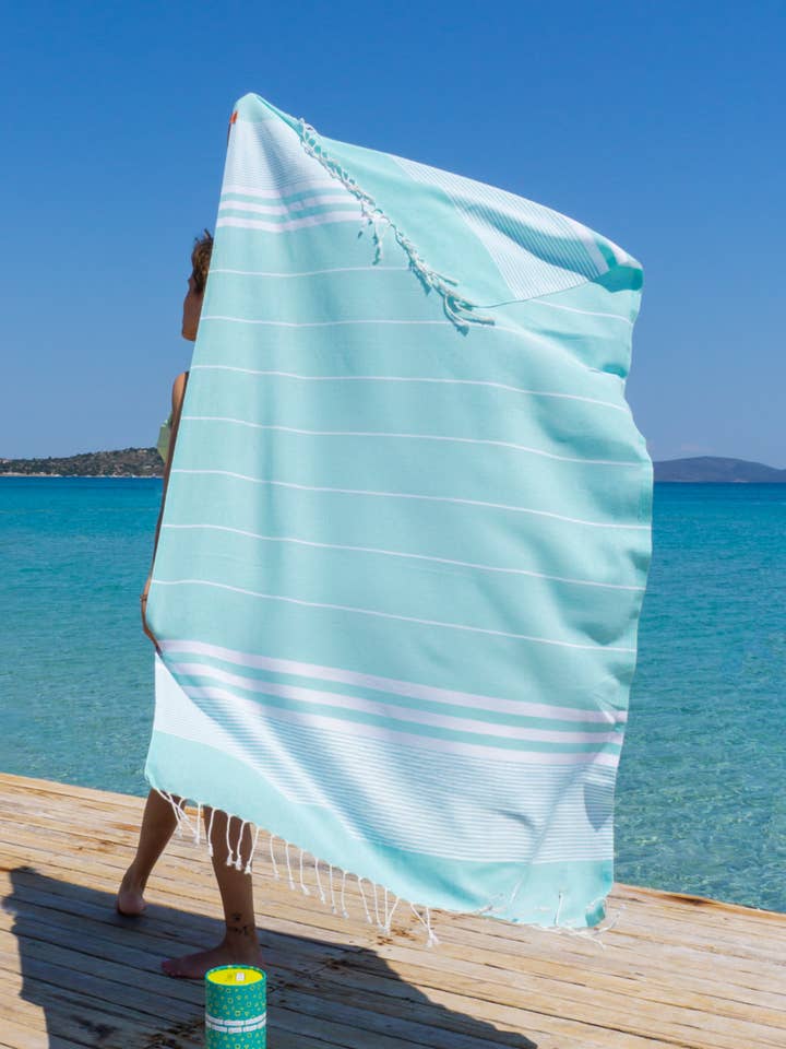 Toalha de Praia MALIBU, Toalha de Hammam com Caixa Presente - Turquesa por atacado de Towel to Go