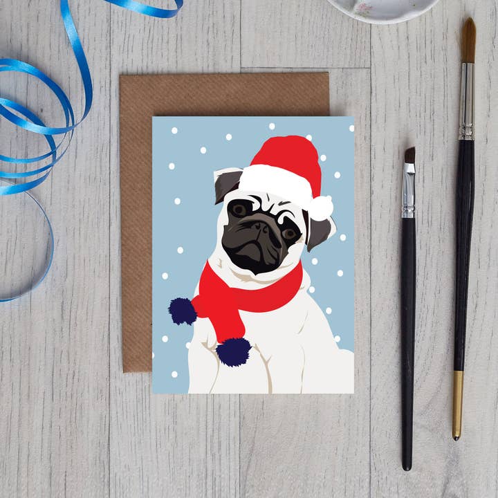 Christmas Card Pug with santa hat and scarf for wholesale by Lorna Syson