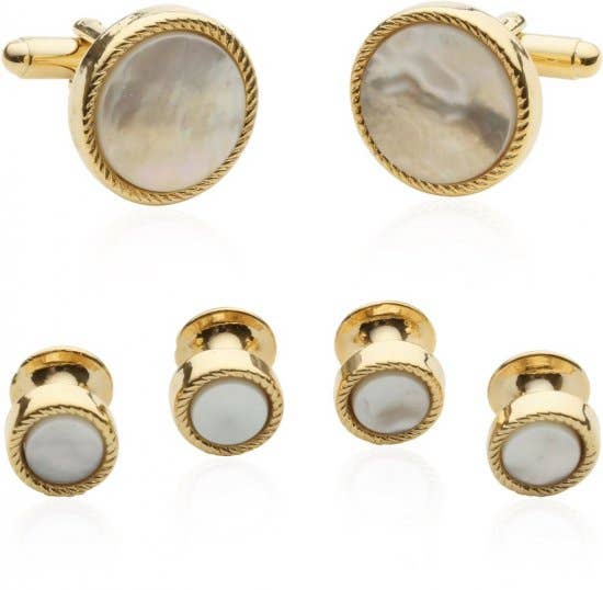 Cuff-Daddy - Wholesale Cufflinks - Men's Ribbed Mother of Pearl Gold Tuxedo Cufflinks & Studs0