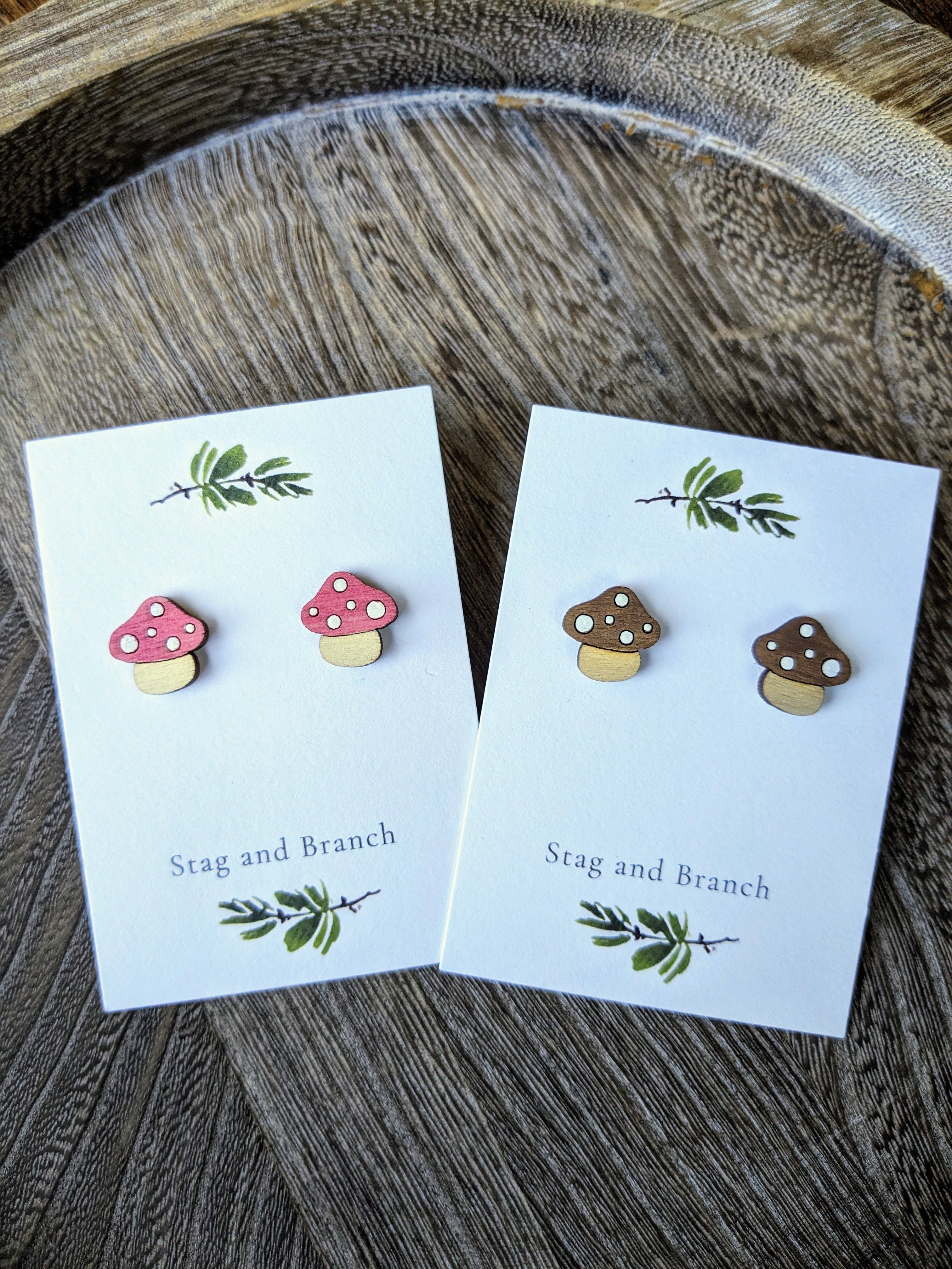 Stag and Branch - Wholesale Stud/Post Earrings - Small Wood Mushroom Stud Earrings Witchy Cottagecore3