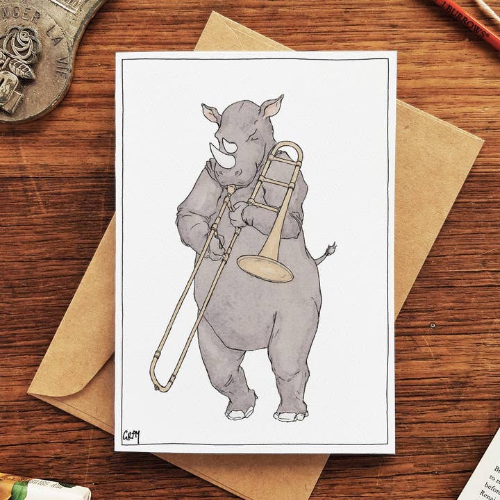 Das Nashorn & Seine Posaune - Grußkarte für den Großhandel von Erlenmeyer Art