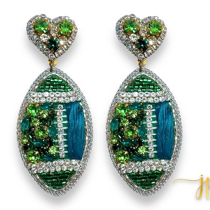 Game Day Green Rhinestone Hearts Raffia Football Earrings for wholesale by Jenny Patrick Designs ™