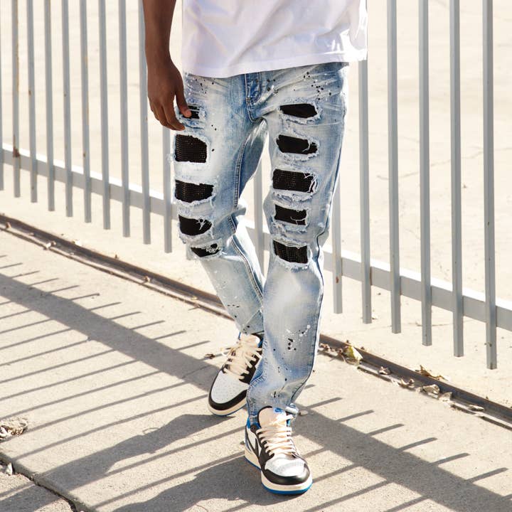 Indigo PAINT SPLATTER RHINESTONE DENIM JEANS for wholesale on Faire