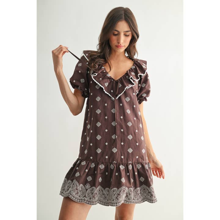 BROWN IVORY CHIC BOHEMIAN RUFFLE DRESS for wholesale on Faire5